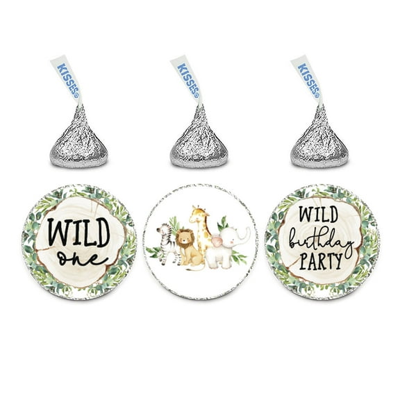 Koyal Wholesale Woodland Safari Animals Wild One Chocolate Drop Label Stickers for Kisses, For Birthday Favors, 240-Pk