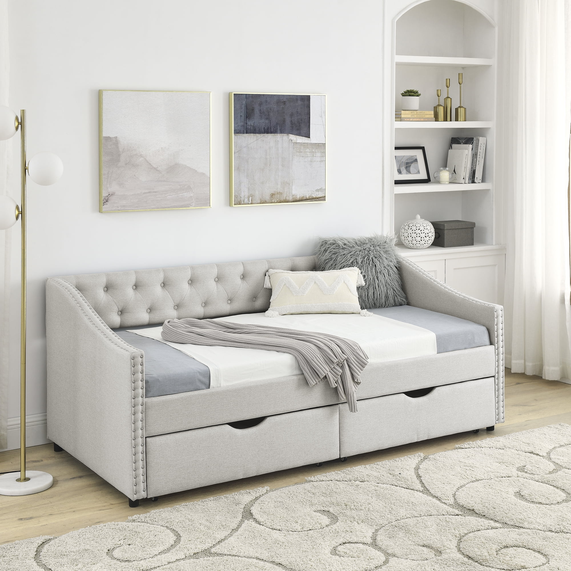 DEALTOPS Twin Size Upholstered Daybed with Two Storage Drawers,Twin Polyester Sofa Bed Storage Daybed Frame for Bedroom Guest Room - Beige
