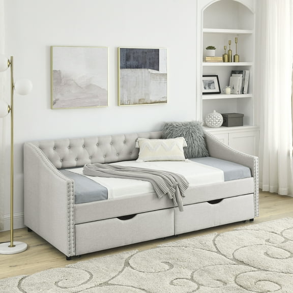CoSoTower Twin Size Daybed with Drawers Upholstered Tufted Sofa Bed, with Button on Back and Copper Nail on Waved Shape Arms, Beige(81.5''X41''X30.5'')