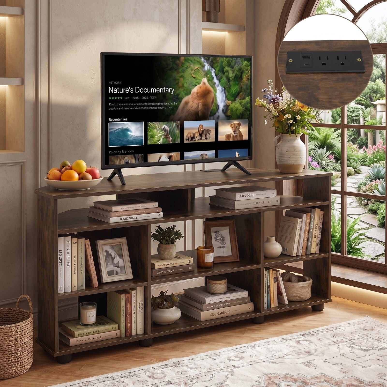 Furnibear Corner TV Stand for TVs up to 55 Inch, Entertainment Center with Charging Station, 3 Adjustable Shelves, Wood Media Console Side Cabinet for, Rustic Brown