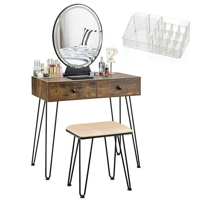 Costway Vanity Makeup Dressing Table W/ 3 Lighting Modes Mirror Touch Switch Rustic