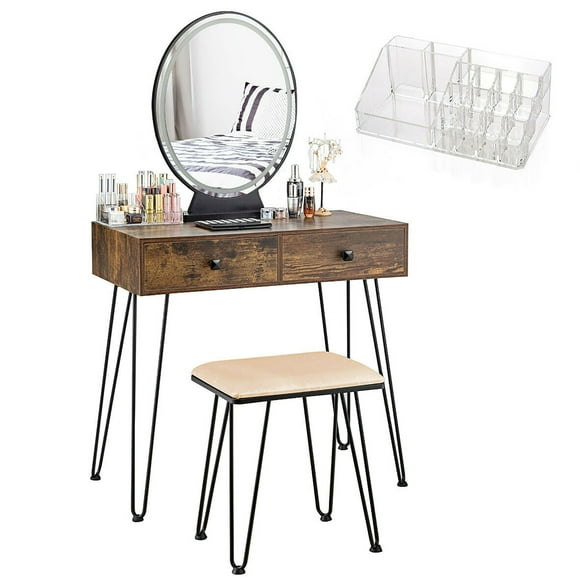 Costway Vanity Makeup Dressing Table W/ 3 Lighting Modes Mirror Touch Switch Rustic