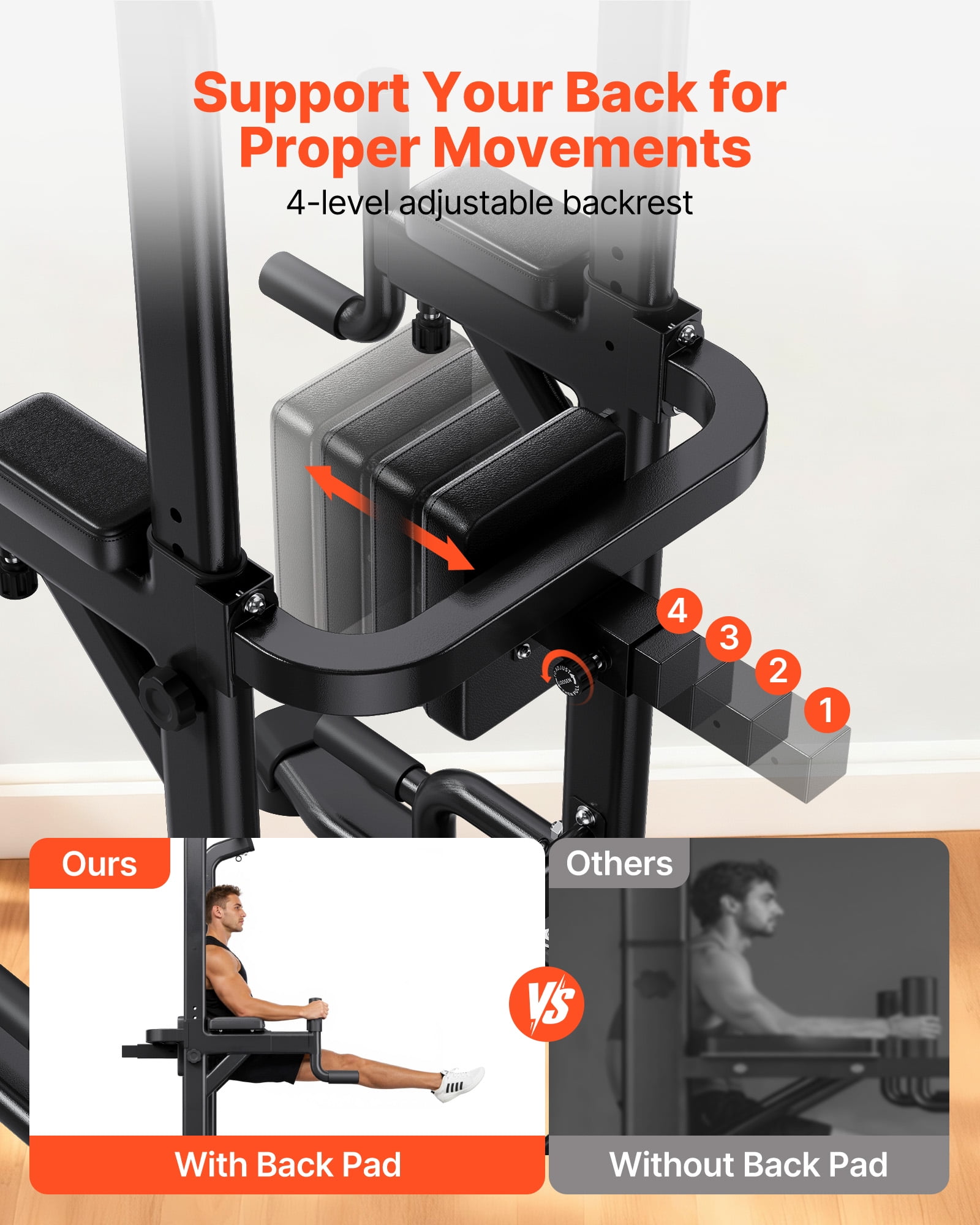 VEVOR Pull Up Bar, 330 LBS Power Tower Dip Station, Workout Dip Station with H-Shaped Stable Base & Back Pad,Adjustable 12 Level Height Free Standing Chin Up Bar for Back, 4-Level Adjustable Back Pad