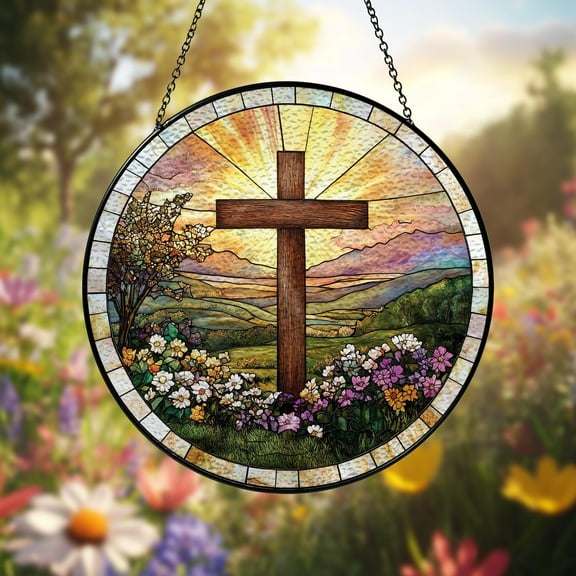 Cross And Wildflowers Suncatcher, Christian Strained Glass, Cross And Wildflowers Windows Hanging, Flower Cross Gift For Religious