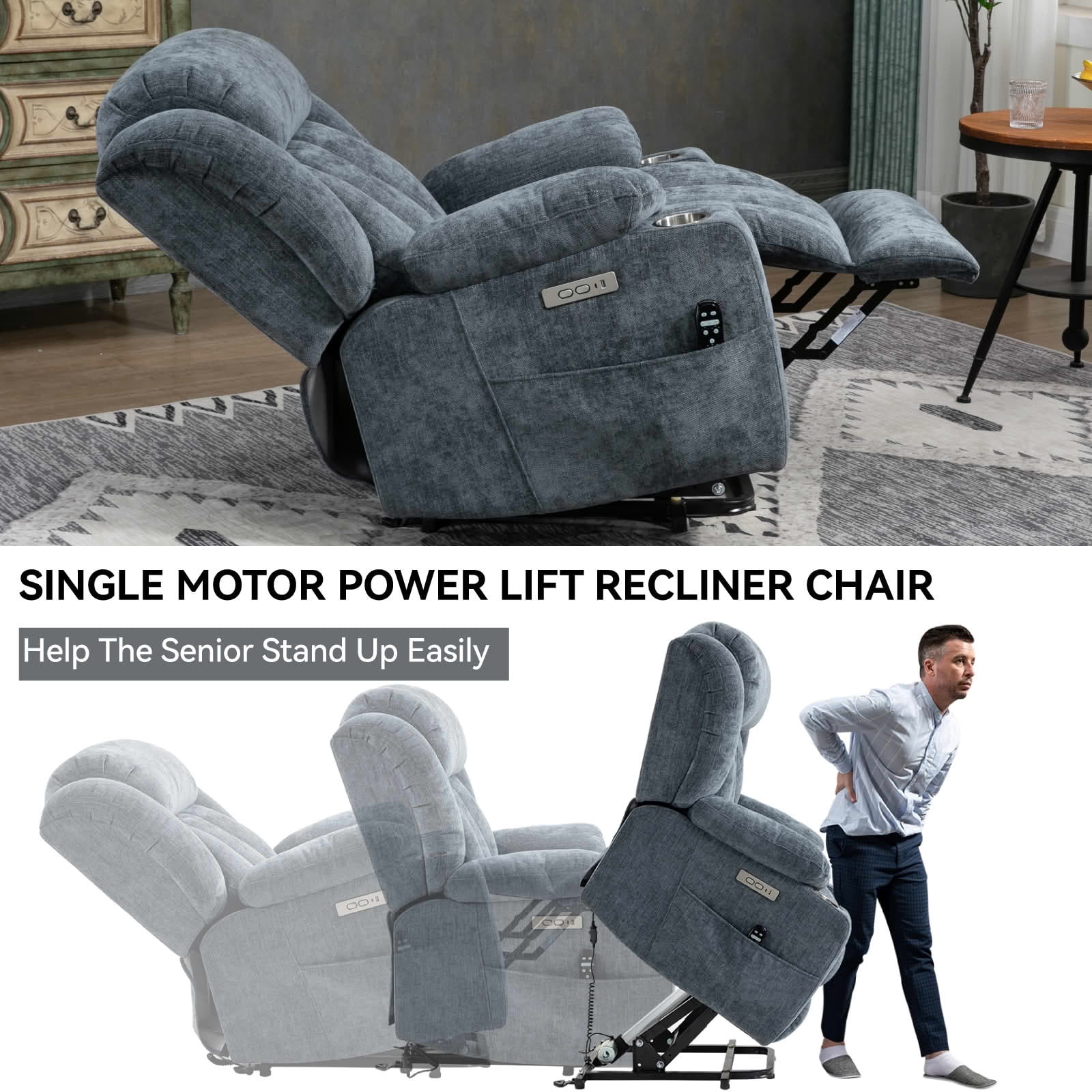 MAYEERTY Brown 350lbs Power Lift Recliner Chair, 8-Point Massage Heat USB Cup Holders 40"x36"x45" for Elderly