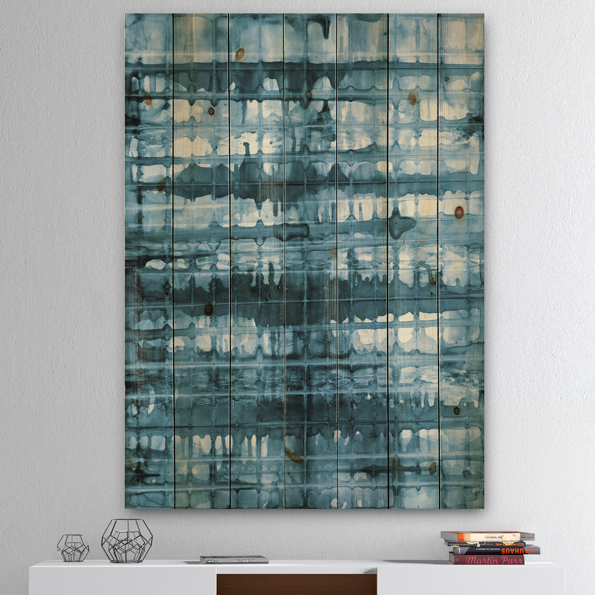 Designart 'Geometrical Watercolor Indigo V' Contemporary Print on Natural Pine Wood