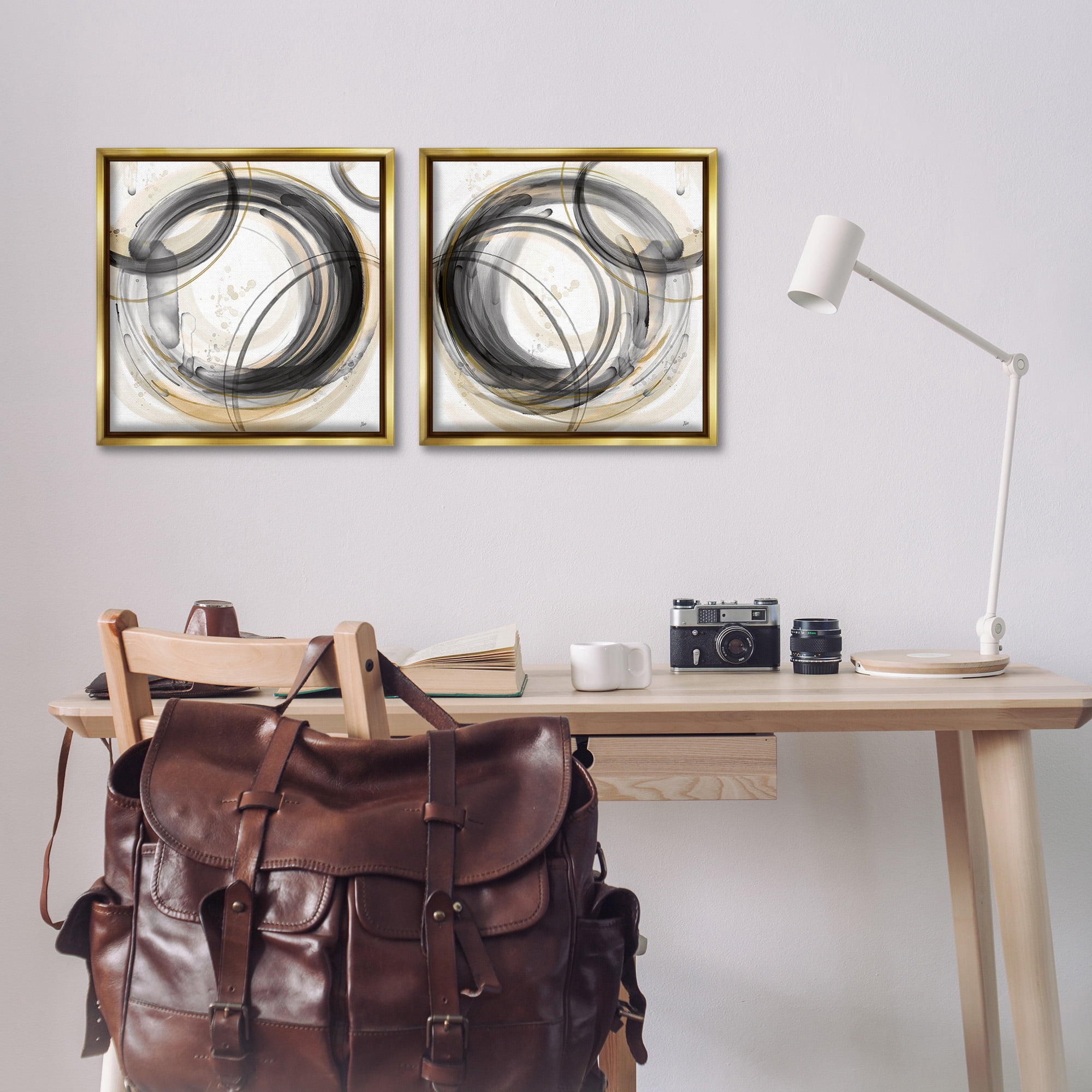 Stupell Industries Concentric Circles Pattern Abstract Painting Gold Floater Framed Canvas Art Print Wall Art, 18 x 18, Set of 2