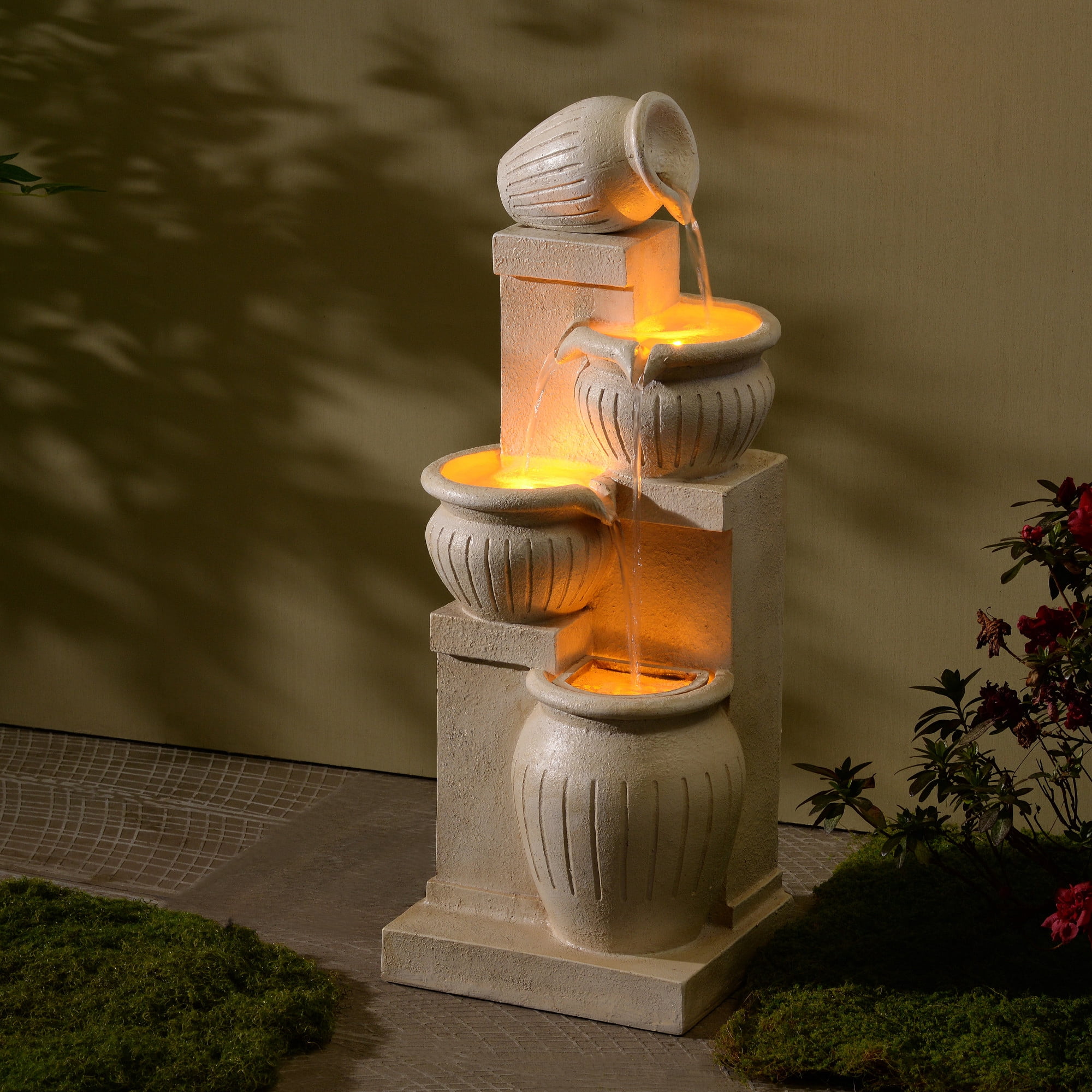 Teamson Home Outdoor 4-Tier Cascading Bowl Water Fountain with LED Lights, Solar-Powered & Adjustable Flow Rate, Natural