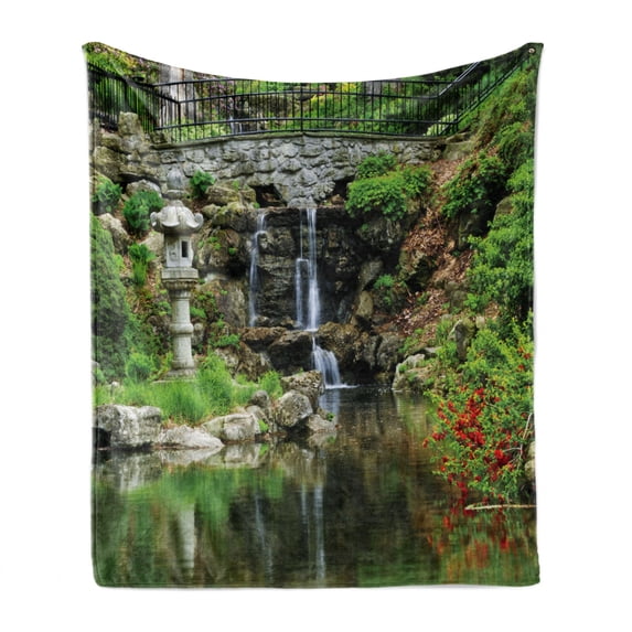 Japanese Soft Flannel Fleece Throw Blanket, Cascading Waterfall Pond Under Bridge Reflections of Flowers in Water Pattern, Cozy Plush for Indoor and Outdoor Use, 50" x 70", Green White, by Ambesonne