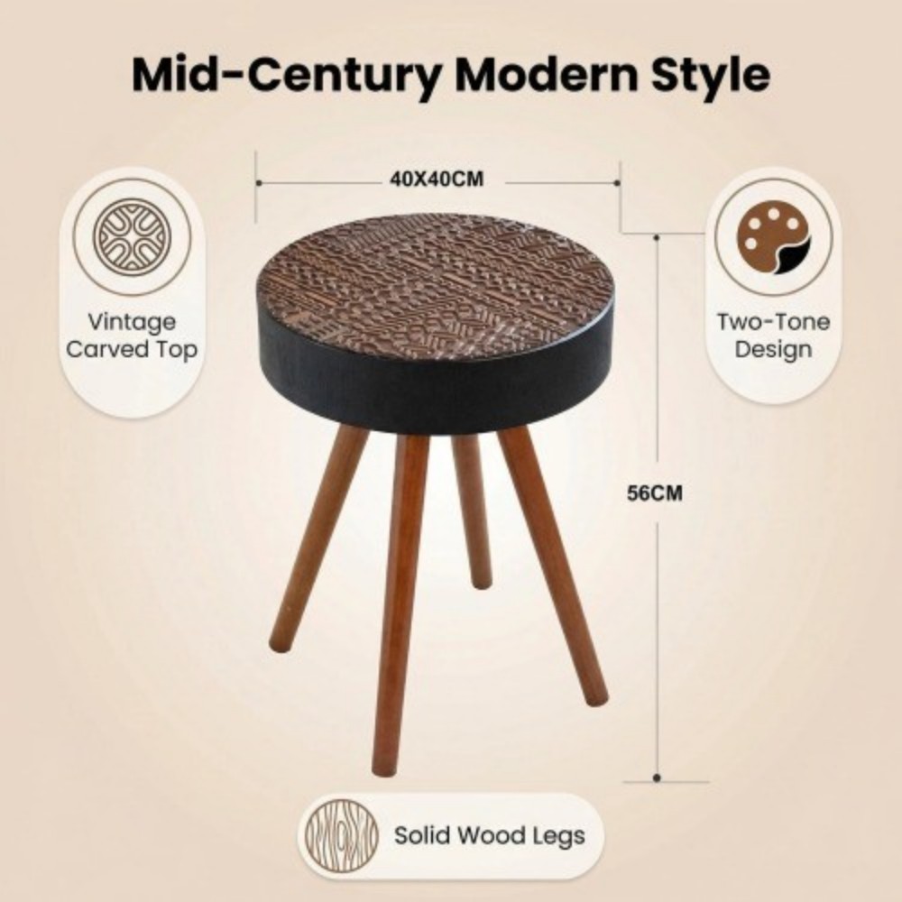 15.7" Round Drink Table, Small Wooden Side Table with Solid Wood Legs, Mid-Century Modern Accent Table for Living Room, Bedroom, Sofa, Brown & Black