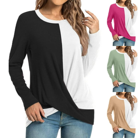 Jinhomg Womens 2025 Trendy Tee Shirt Color Block Cross Hem Casual Tops Comfy Long Sleeve Round Neck T Shirts Winter Saving Black M