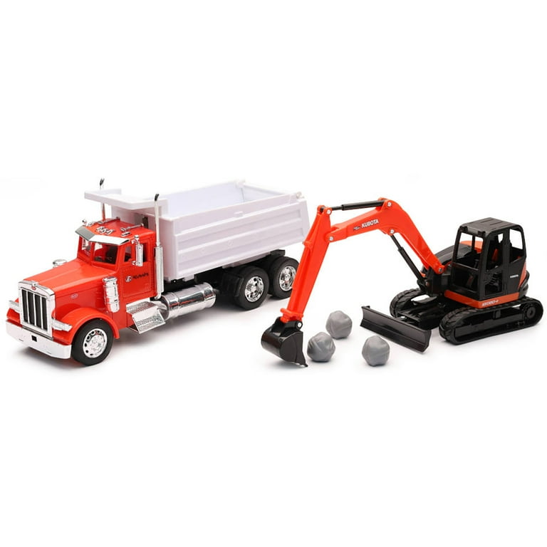 Peterbilt Dump Truck Orange and White and Kubota KX080-4