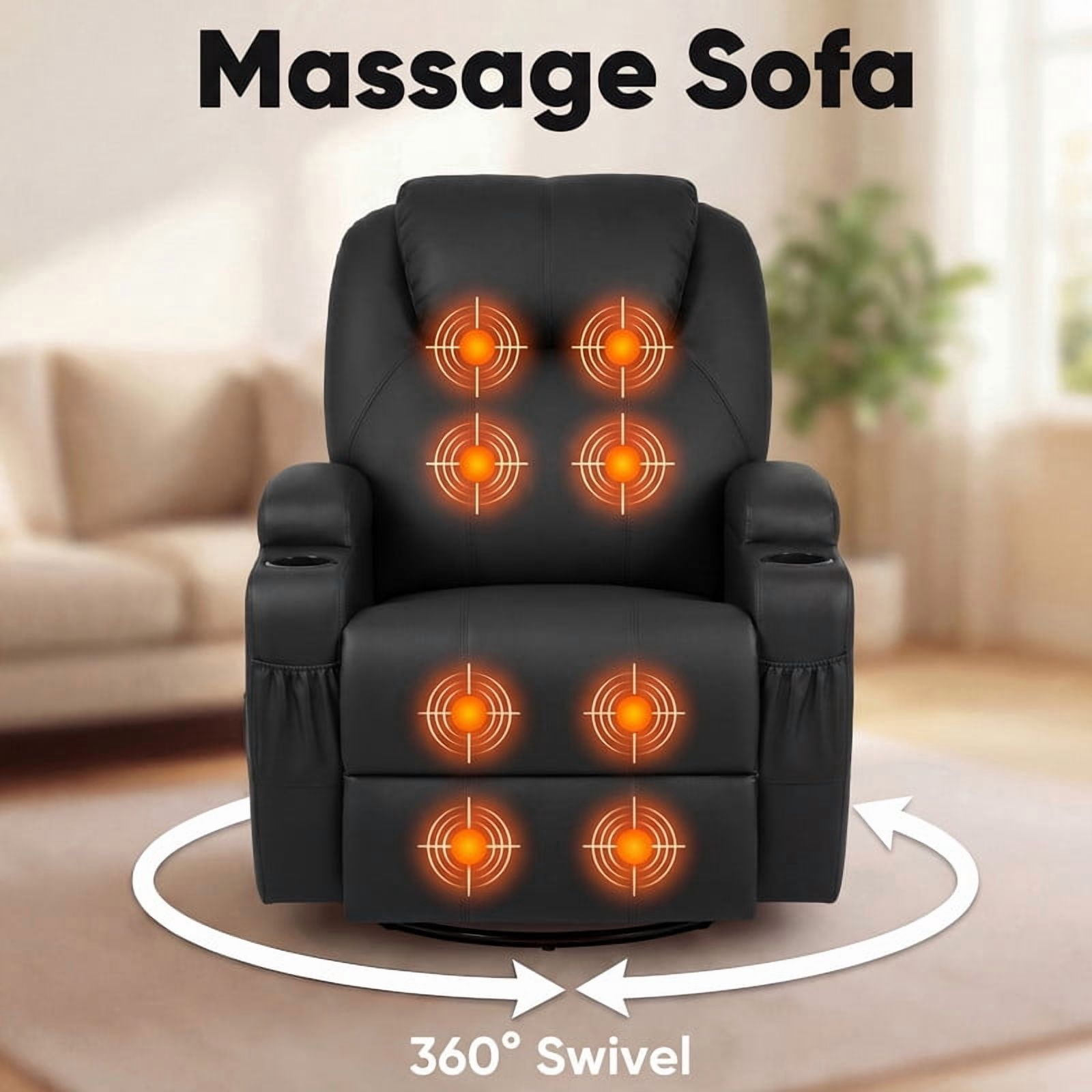 Lacoo PU Leather Swivel Rocker Recliner with Massage for Living Room Small Spaces Lounge Recliner Chair with Side Pockets for Adults,PU Black