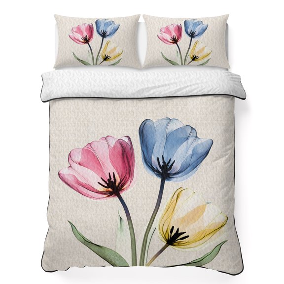 Colorful Tulips 3 Piece Quilt Bedding Set with 2 Pillow Shams, Abstract Flowers Lightweight Bedspread Coverlet, Soft Breathable All Season Quilt, 90 x 96 Inch