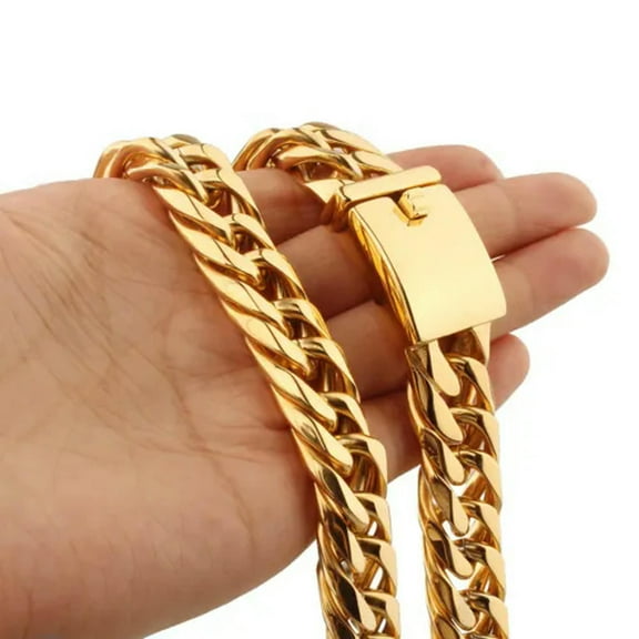 EOEMY Fashion 16mm Cut Curb Cuban Link Chain Stainless Steel Mens Necklace Or Bracelet-Gold-16mm-28Inch Or 71Cm