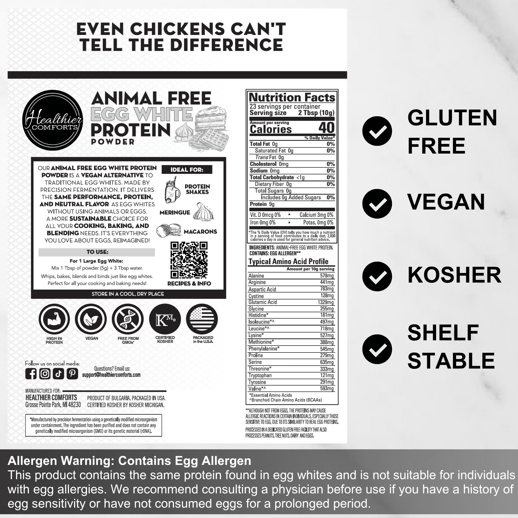 Healthier Comforts Animal-Free Egg White Protein Powder (8oz) | Unflavored | Vegan Egg Omelet, Angel Food Cake, Meringue, Shakes, Baking | Cholesterol-Free, Dairy-Free, High Protein