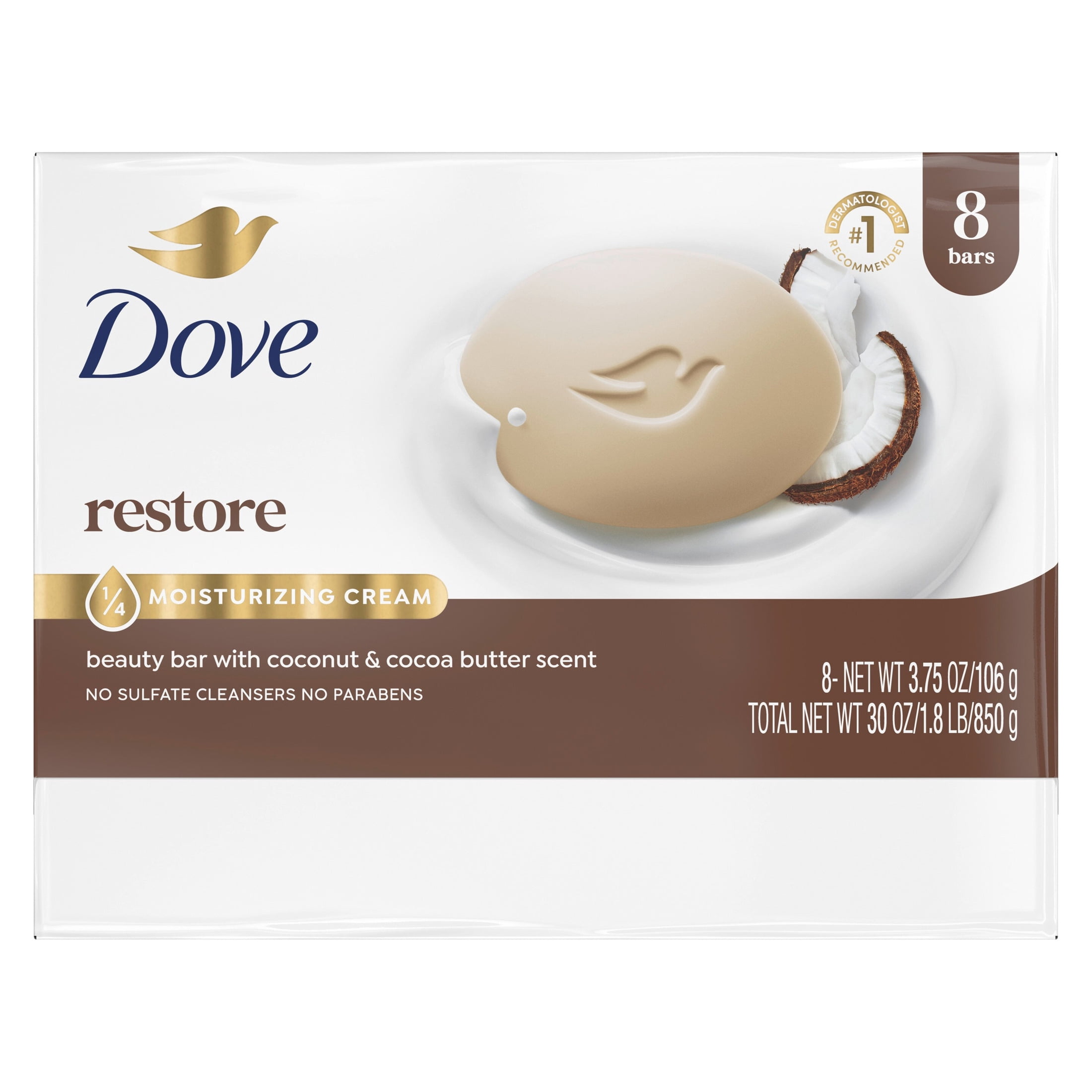 Dove Beauty Bar Soap For Restored Skin Restoring Coconut & Cocoa Butter Nourishes Skin, 3.75 oz 8 Bars