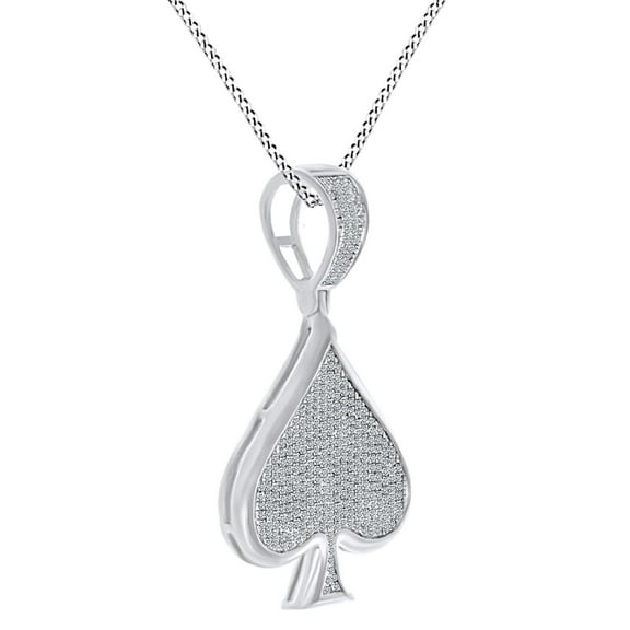 AFFY 0.46CT White Natural Diamond Spade Poker Ace Pendant Necklace 10k Solid White Gold