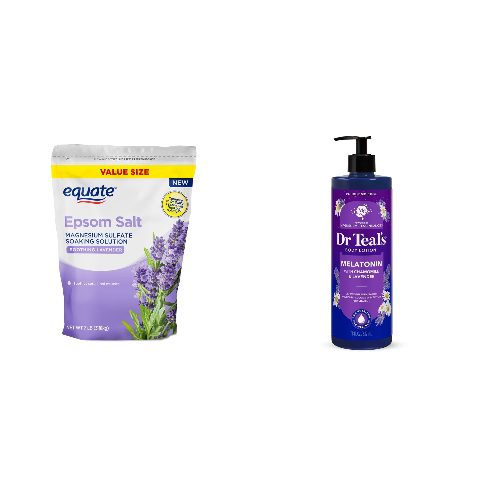 Equate Epsom Salt Soaking Solution, Soothing Lavender, 7 lbs & Dr Teal's Sleep Body Lotion with Melatonin, Lavender and Chamomile, 24 Hour Moisture Bundle
