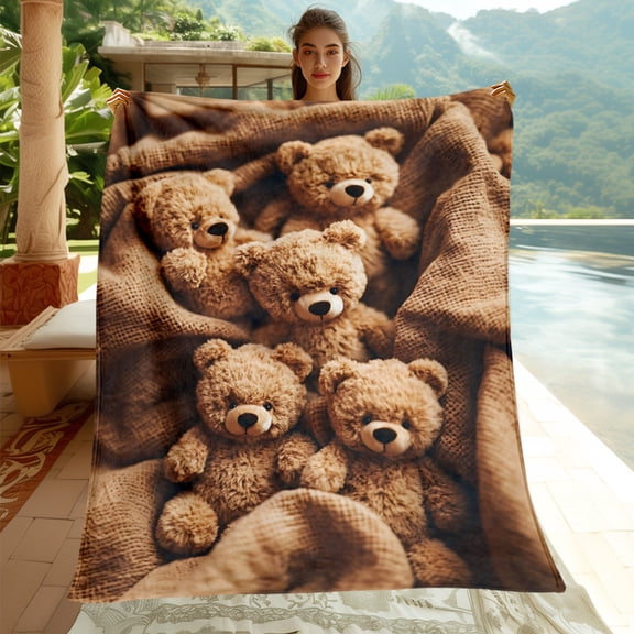 1pc Teddy Bear Fleece Blanket - Soft Warm Brown & Beige Cozy Bears Print Lightweight Portable Throw for s &, All-Season Couch Bed Camping Travel Blanket with Cute Teddy Bears Design (No Needed)