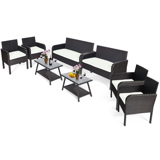 Topbuy 8 Pièces Patio Rotin Canapé Ensemble de Conversation Ensemble avec Table en Verre Trempé Turquoise