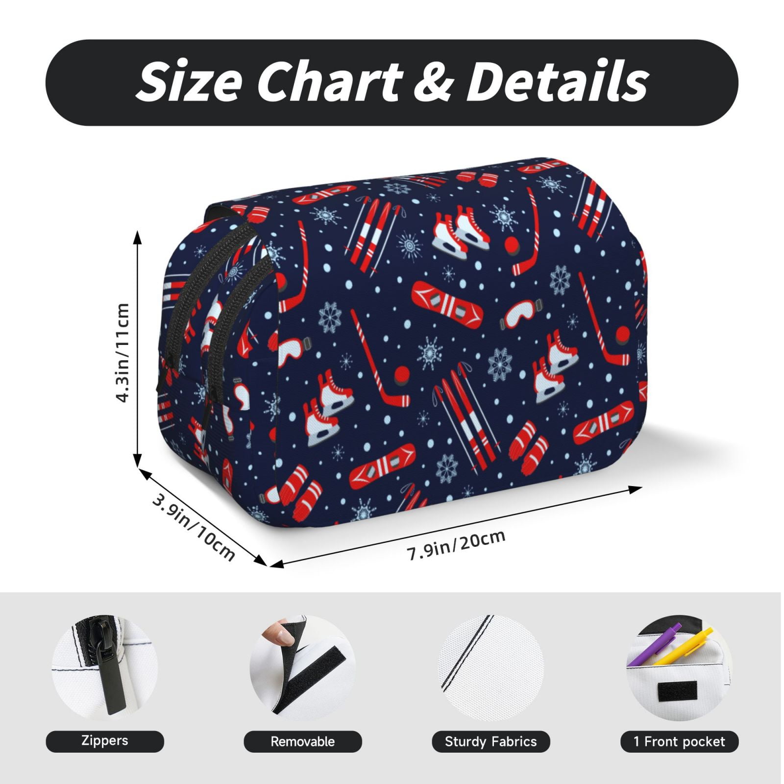 Rateoe Winter Sports Fun Pattern Pattern Double Clamshell Pen Case, Storage Organizer with Two Zipper Compartments– Holds Up to 50 Pencils & Pens
