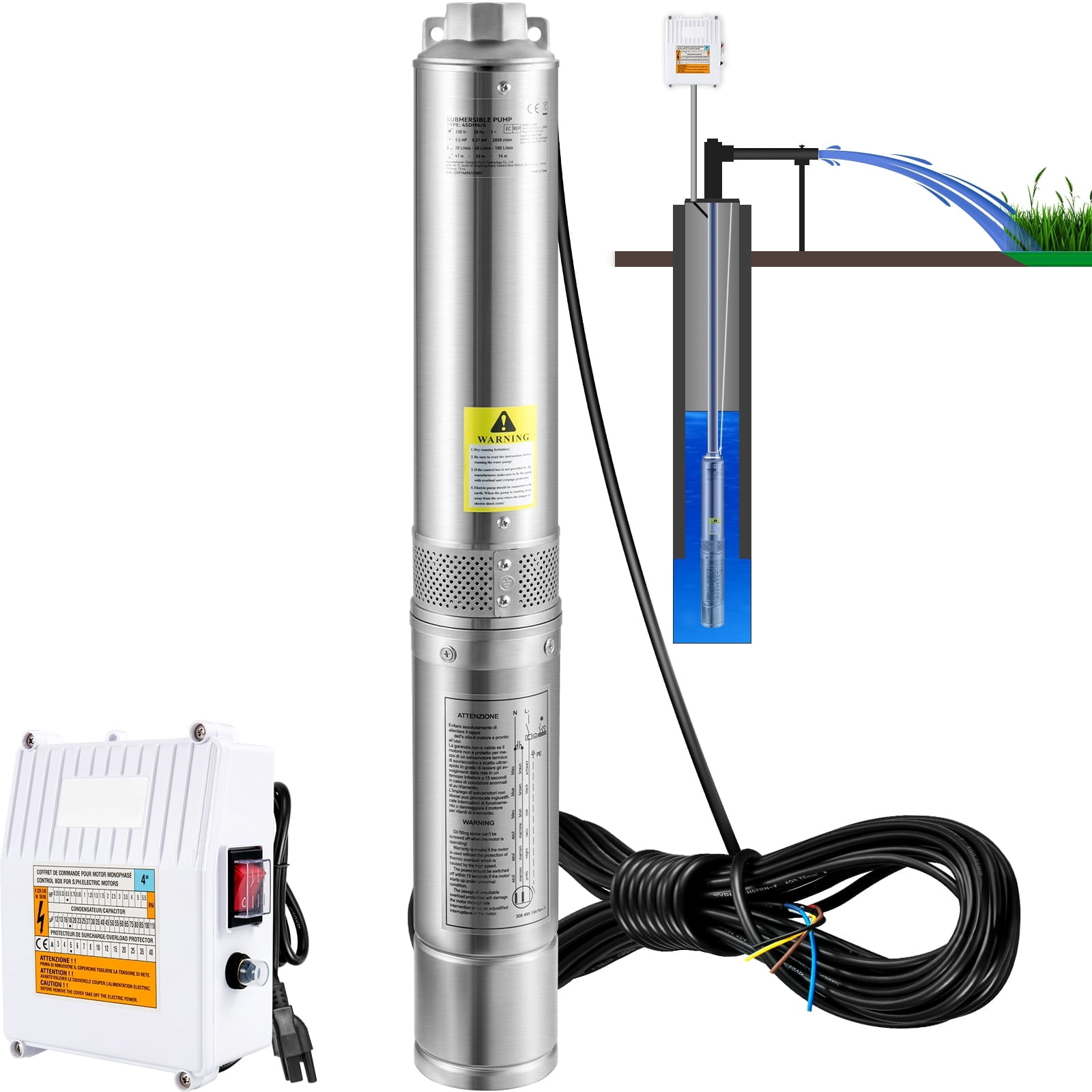 KFFKFF Deep Well Submersible Pump, 3HP 230V/60Hz, 37GPM 640 ft Head, with 33 ft Cord & External Control Box, 4 inch Stainless Steel Water Pumps for Industrial, Irrigation and Home Use