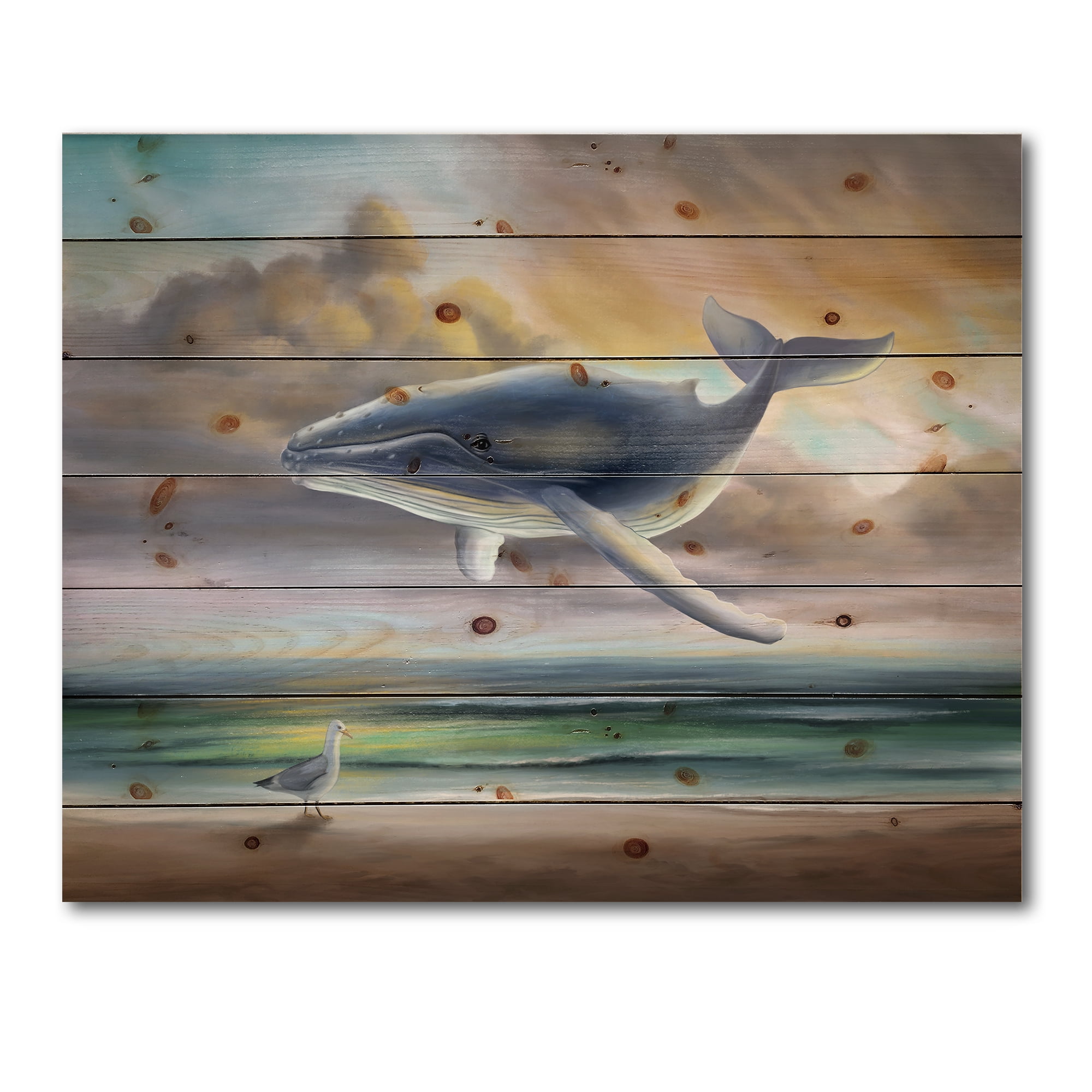 Designart 'Whale Floating In The Sky Over Beach' Children's Art Print on Natural Pine Wood