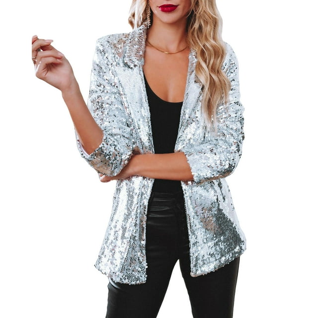 Wangsaura Veste à Paillettes Mode Femme Manches Longues Col à Revers Hauts Féminins