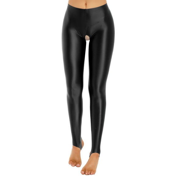 Ocealan Womens Stirrup Leggings Tights Oil Shiny Stretch Skinny Seamless Fitness Pants Black XL