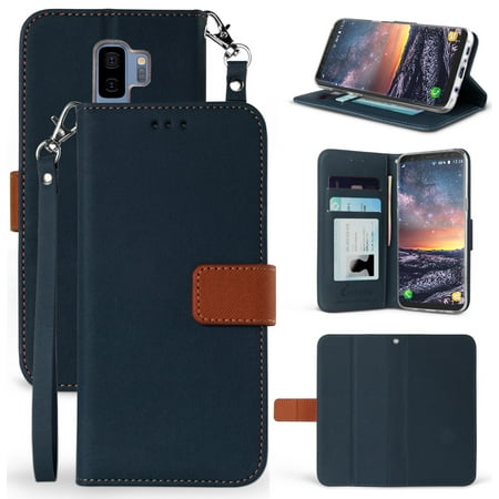 Case for Galaxy S9 Plus, Navy Blue/Brown Infolio Credit Card Slot Cover, View Stand [with Magnetic Closure, Wrist Strap Lanyard] for Samsung Galaxy S9+ (SM-G965)