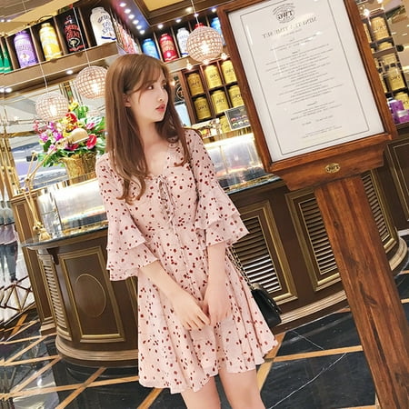 Women Summer Floral Printed Slim Thin Hollow V Collar Lotus Leaf Sleeve Dress Photo Color S