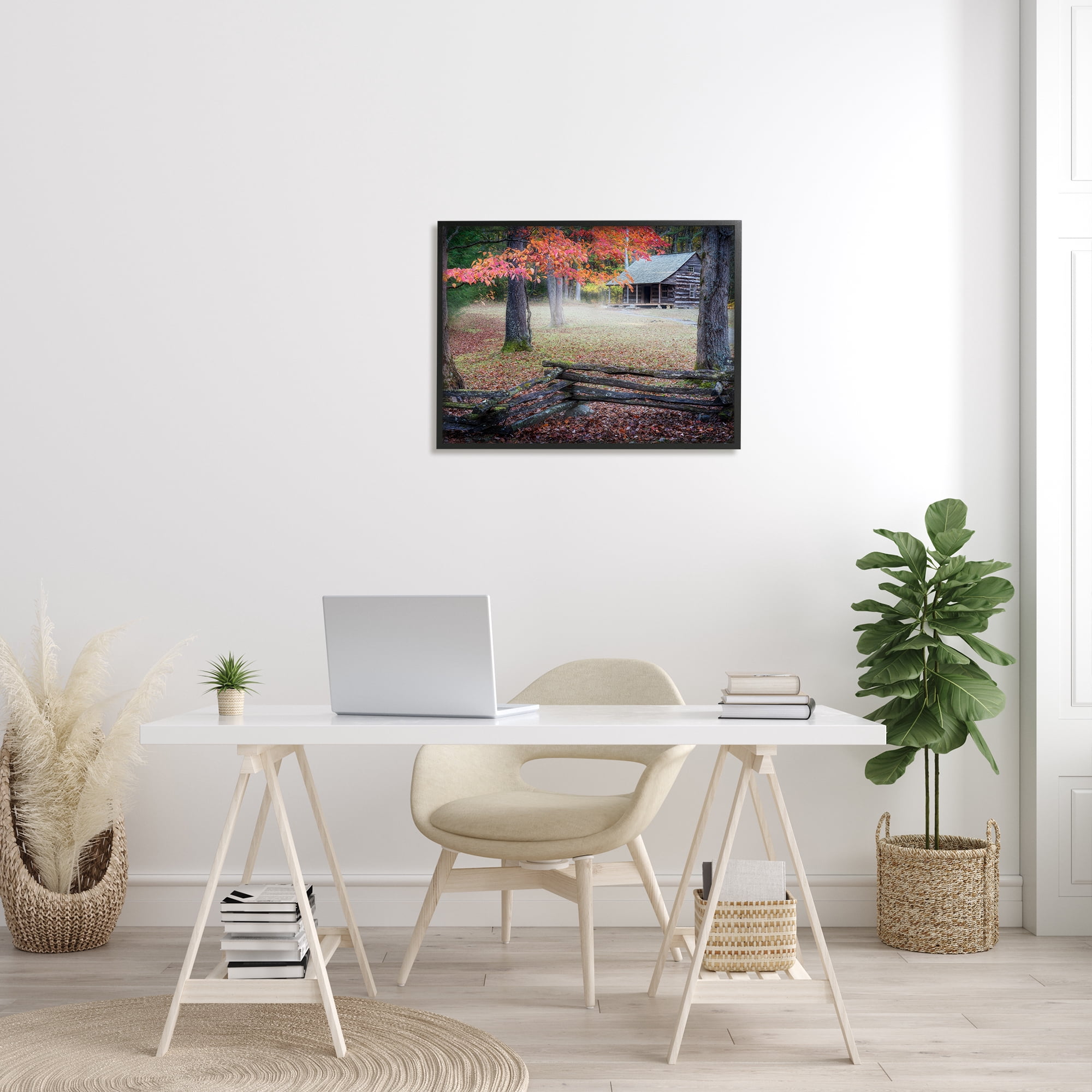Stupell Log Cabin Woody Autumn Foliage Landscape Photography Black Framed Art Print Wall Art