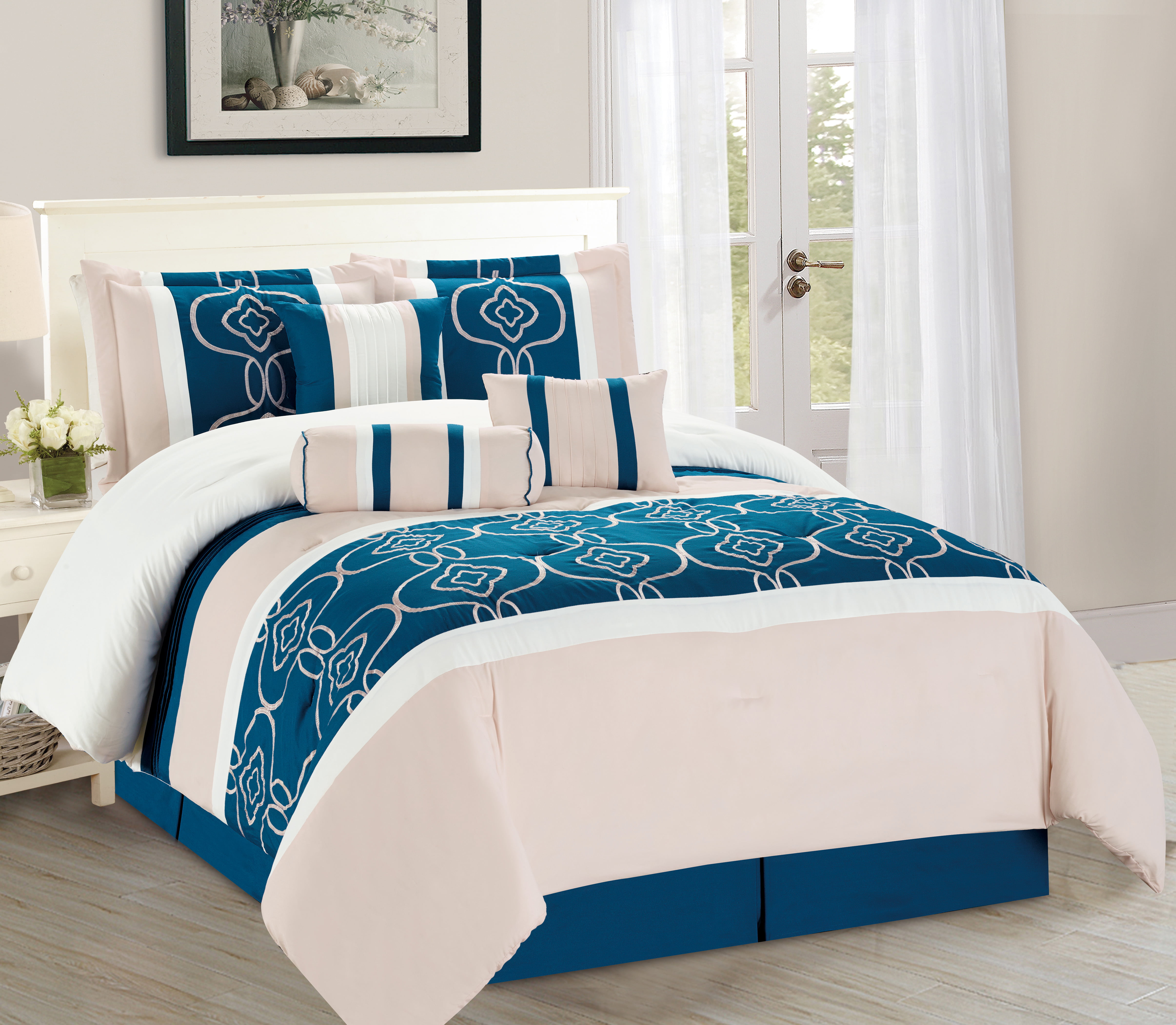WPM 7 Pieces Complete Bedding Ensemble Turquoise Blue White Beige print Luxury Embroidery