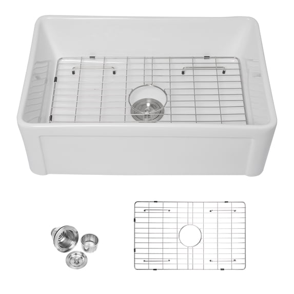 Logmey 33"x20" Apron Front Kitchen Sink Single Bowl White Ceramic Sink with Strainer