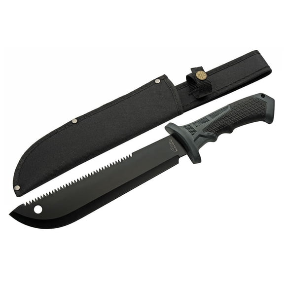 SZCO Supplies 15.25” Outdoor Utility Tool, 420 Stainless Steel Sawback Blade with Rubberized Grip Handle, Heavy-Duty Machete for Trail Clearing and Gardening with Nylon Sheath
