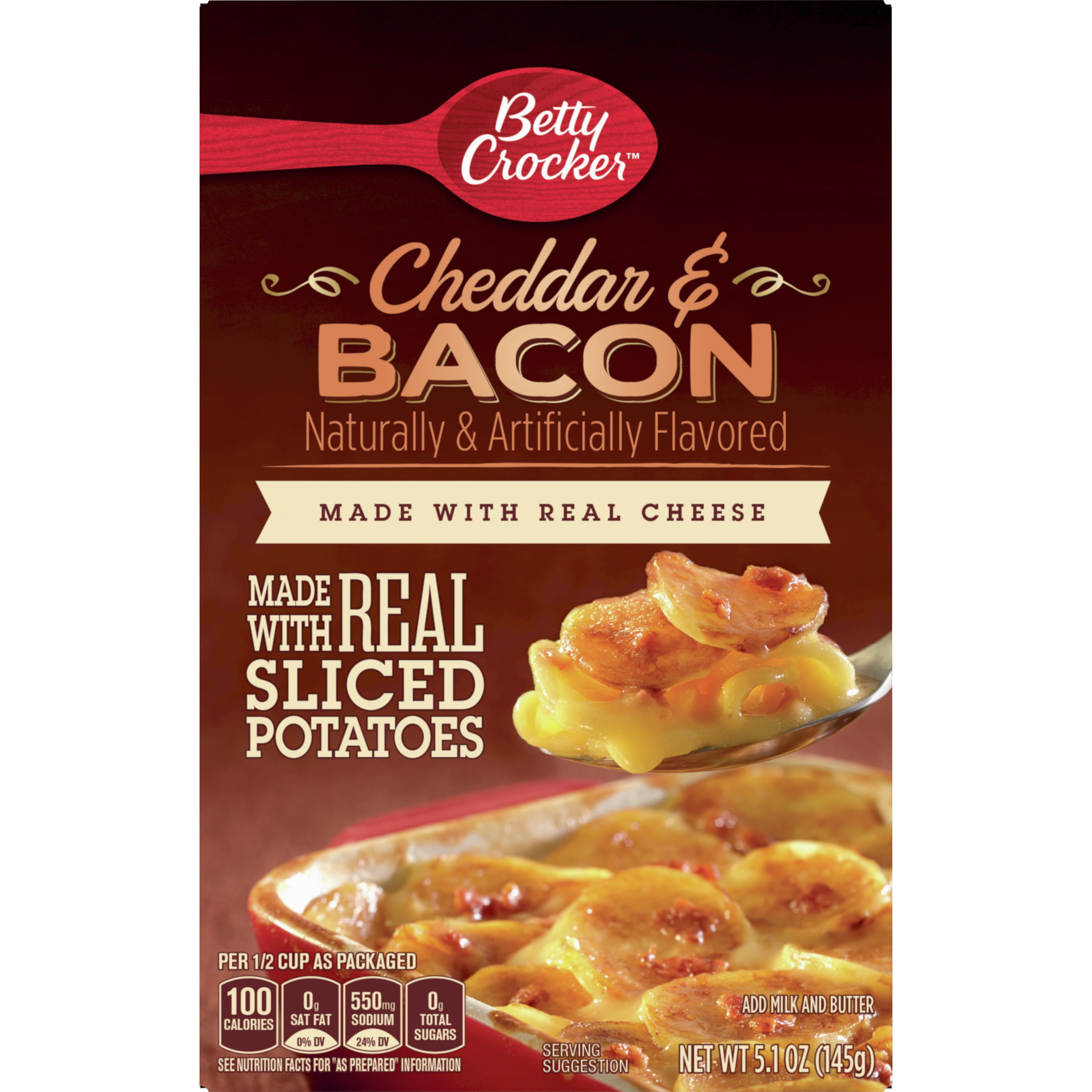 (2 pack) Betty Crocker Cheddar and Bacon Potatoes, Made with Real Cheese, 5.1 oz