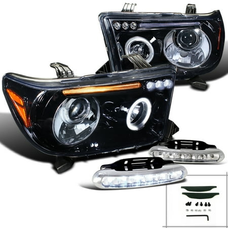 Headlamp Rim - Spec-D Tuning For 2007-2013 Toyota Tundra Halo Rim Glossy Black Projector Headlights W/Led Fog Strips (Left + Right) 2007 2008 2009 2010 2011 2012 2013