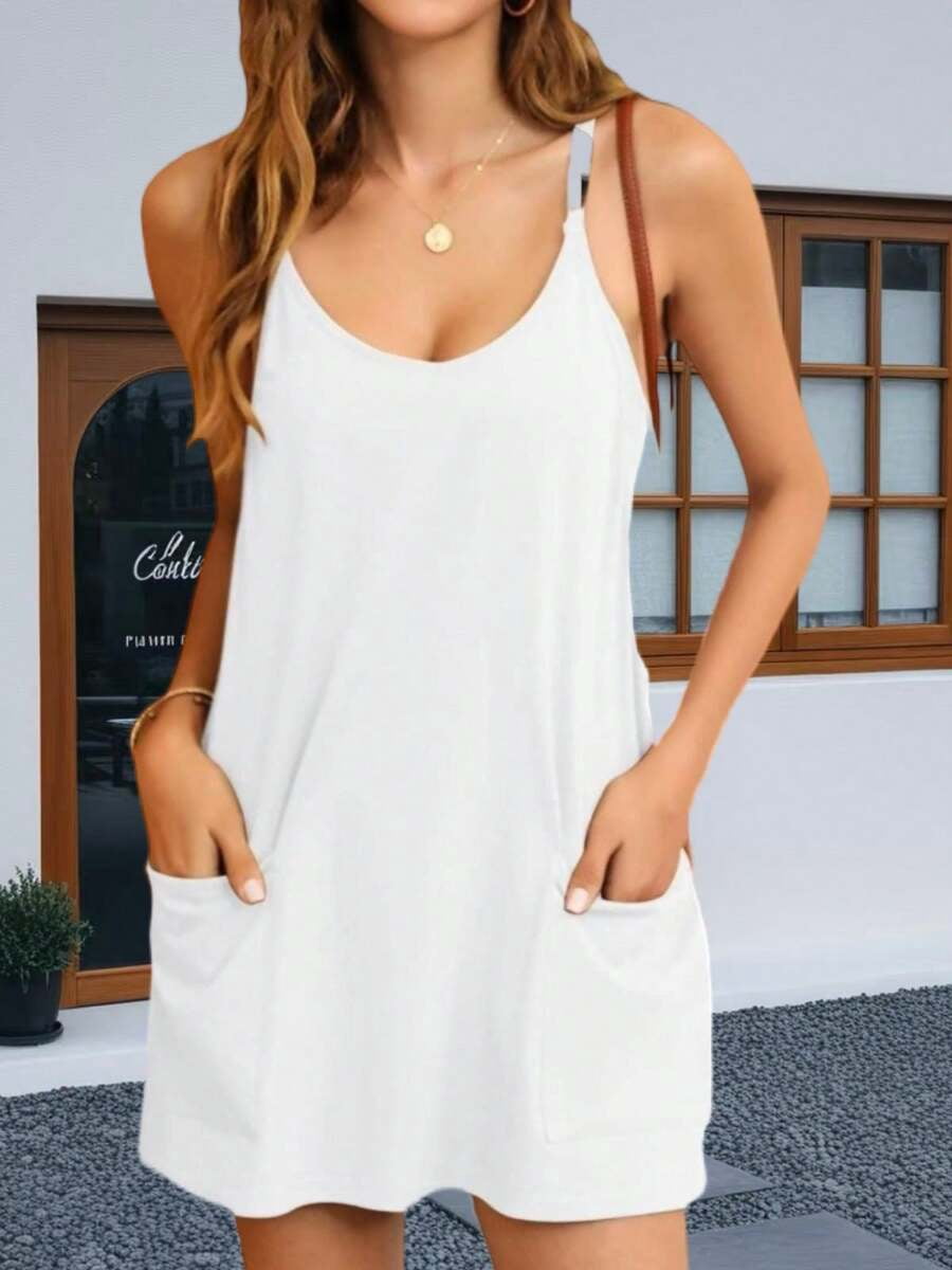 White Womens Sleeveless Athletic Tennis Mini Dress With Pockets For Workout And Summer