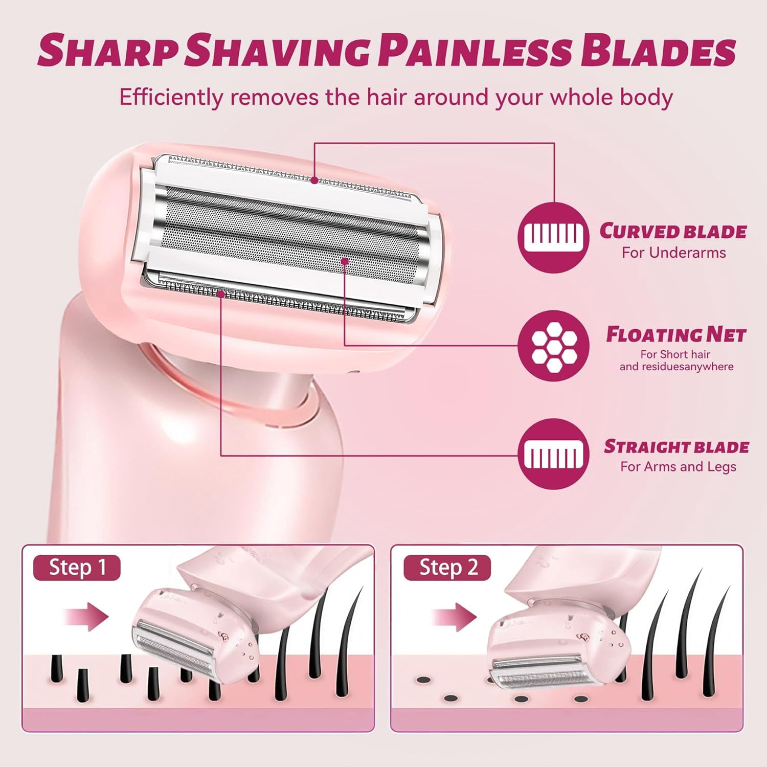 Electric Razor for Women, 2 in 1 Wet & Dry Painless Removal Shaver with Detachable Head, Base and LED Display, IPX7 Waterproof Long Battery Life Hair Removal for Underarm ArmBikini Legs Face (Pink)
