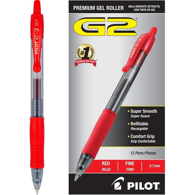 Bolígrafos de gel PILOT G2 Premium con punta fina de 0,7 mm, color rojo, 12 unidades