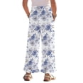 thumbnail image 2 of COEQINE Girls' Casual Pants Elastic Waist Ruffled Long Pants Wide Leg Trousers Printed Pants Baggy Trendy Streetwear for Tween 9-10 Y, Blue Gray Rose Leaf, 2 of 8