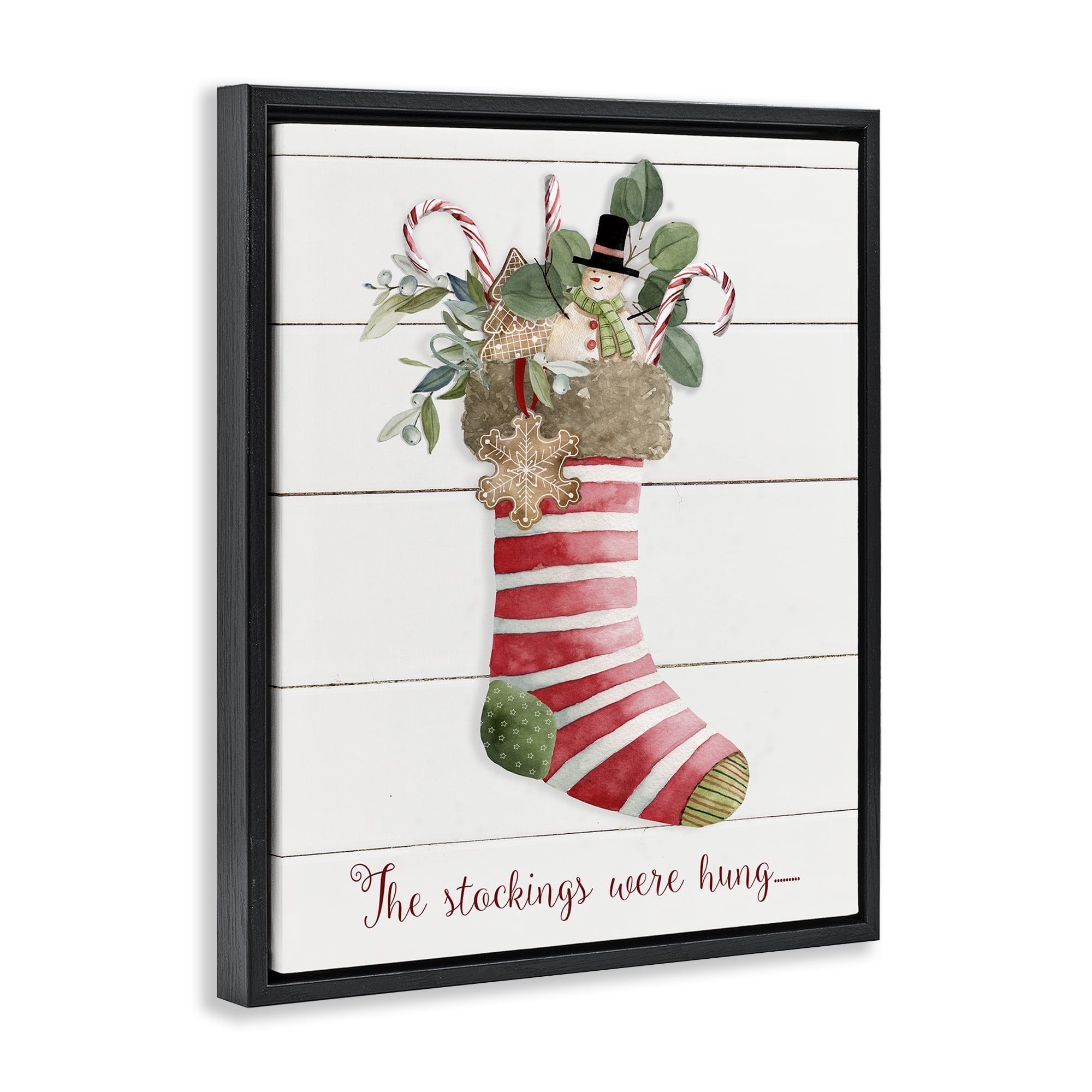 Stupell Industries Striped Christmas Stocking Holiday Painting Black Floater Framed Canvas Art Prints Wall Art, 17 x 21