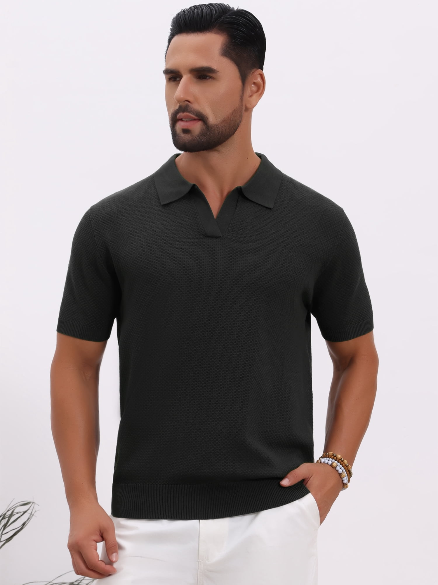 DARING DIVA Men's Textured Knit V Neck Short Sleeve Casual Golf Polo Shirt L Black