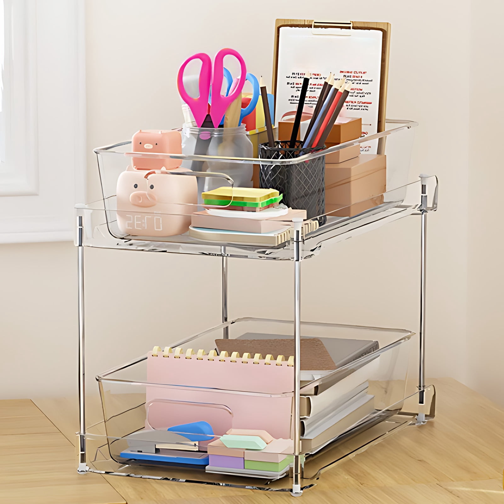 Rupoun 2 Pack Double Tier Clear Plastic Sliding Drawer Organizer Under Sink Multifunctional Storage
