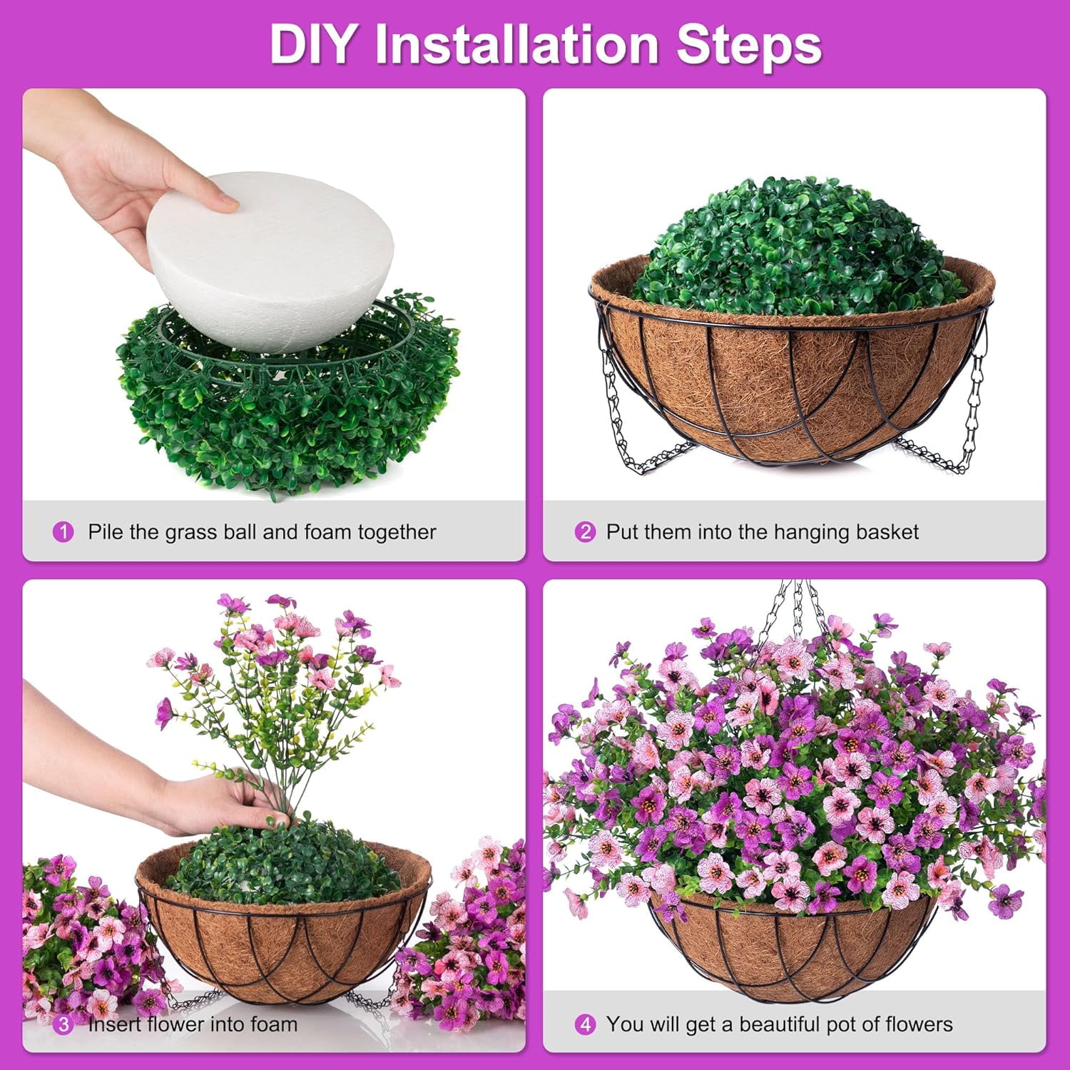 Artificial Faux Hanging Flowers Basket for Outdoors Outside Porch Decoration, Silk Fake Hanging Flowers Colorful Daisy with Coconut Lining Baskets for Courtyard Spring Summer Decor