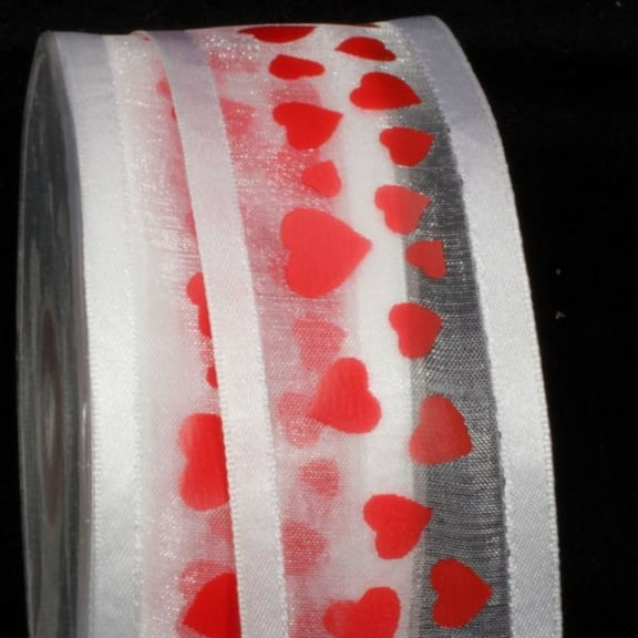 The Ribbon People White and Red Heart Organdy Georgette Craft Ribbon 1.5" x 30 Yards