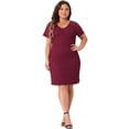 thumbnail image 3 of DARING DIVA Plus Size Floral Bateau V Neck Short Sleeves Lace Dress 4X Burgundy, 3 of 6