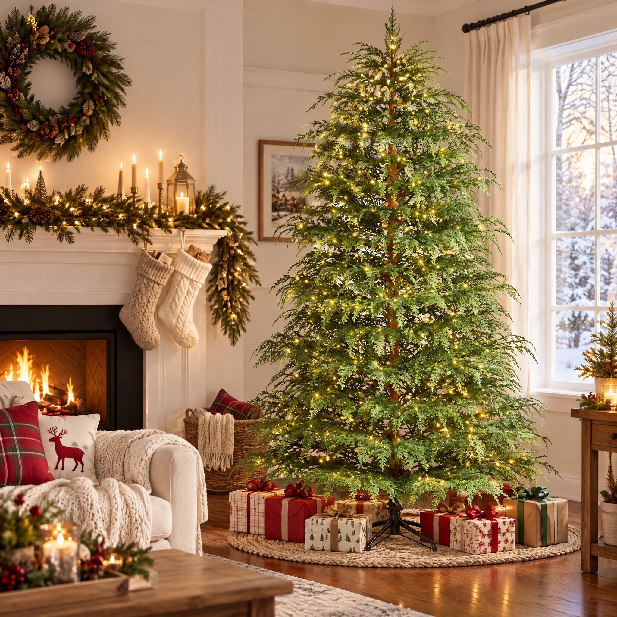 My Texas House 7.5' Pre-Lit Cypress Green Artificial Christmas Tree with 500 Warm White Twinkle LED Lights and Stand