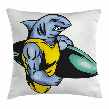 Yellow Body Pillow Shark Throw Pillow Cushion Cover, Grumpy Surfer Shark with Muscled Body Exotic Sports Mascot Cartoon, Decorative Square Accent Pillow Case, 16 X 16 Inches, Light Blue Yellow Jade Green, by Ambesonne ()